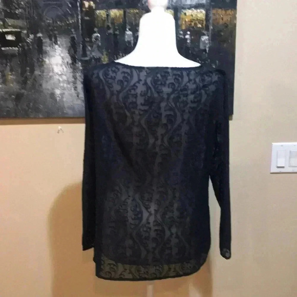 NWT Ann Taylor LOFT Navy Blue Floral Jacquard Sheer Long Sleeved Top-MP - Picture 2 of 12